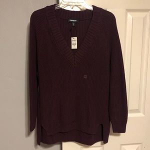 Express Oversized Deep V-Neck Tunic Sweater - color dark burgundy/maroon size xs